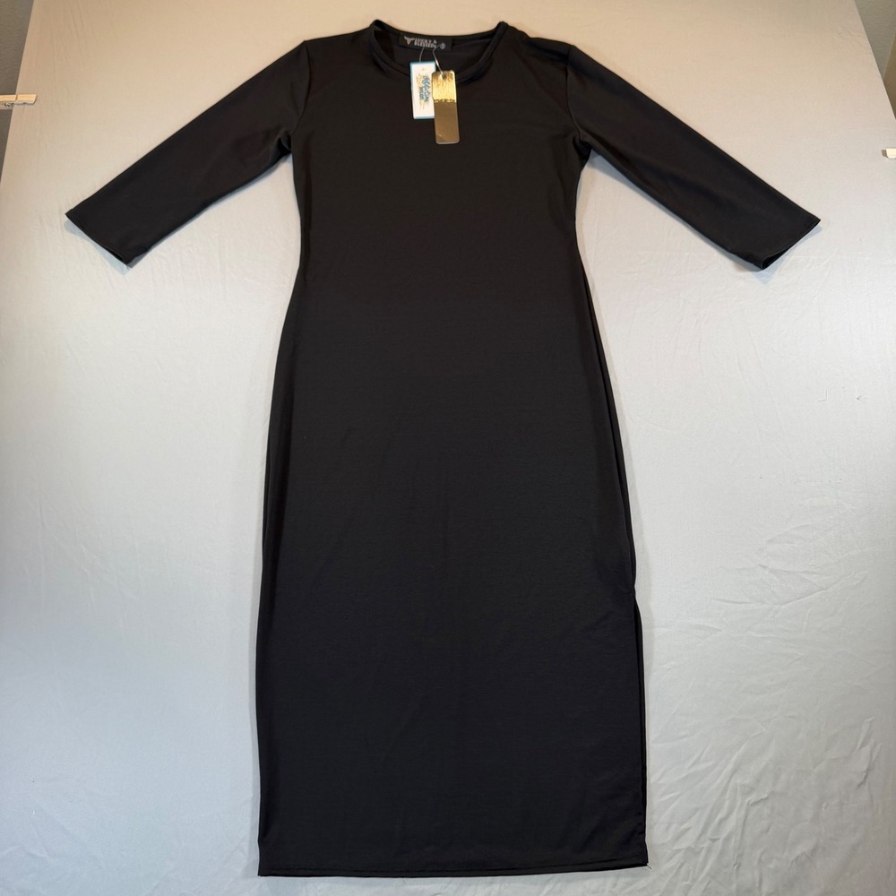 Lucky & Blessed Black Long Sleeve Midi Dress Bodycon Womens Small